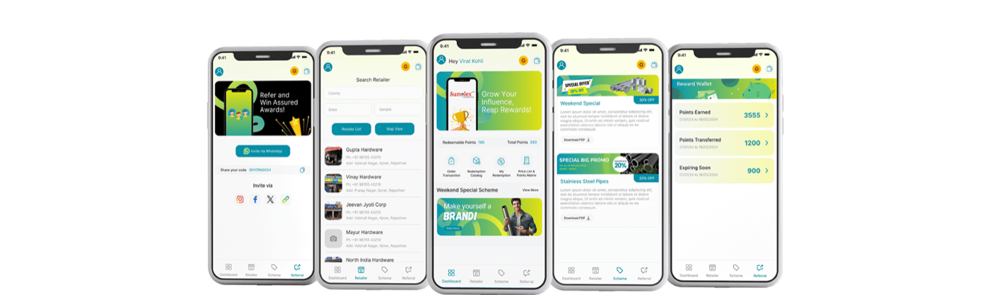 Influencer app screens: referrals, retailer search, home, schemes and reward wallet