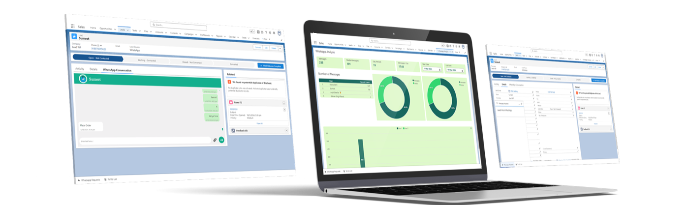 WhatsApp conversation on a lead record and WhatsApp analytics dashboard